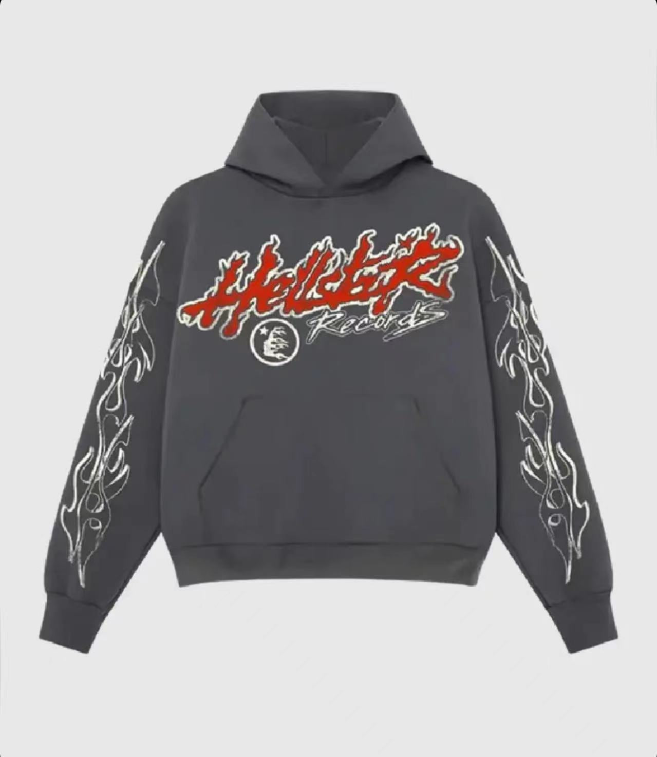 En stock : Sweat à capuche HT348 gris délavé Hellstar Studios Tour avec graffiti de flammes - Coupe ample décontractée homme/femme