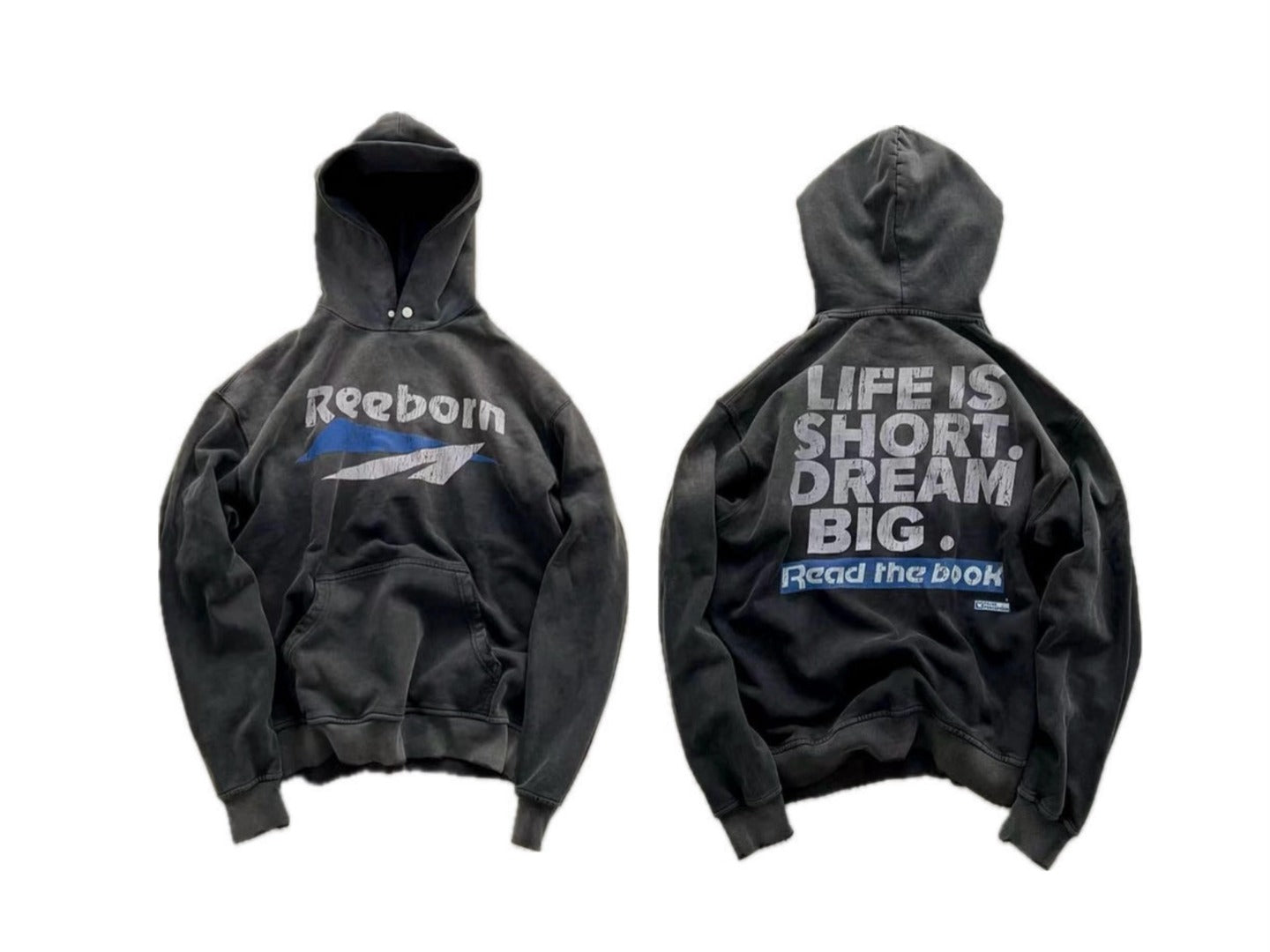 Sweat à capuche/sweat-shirt noir délavé style 3460 False Perception Reeborn à bannière craquelée, tailles S, M, L-XL.