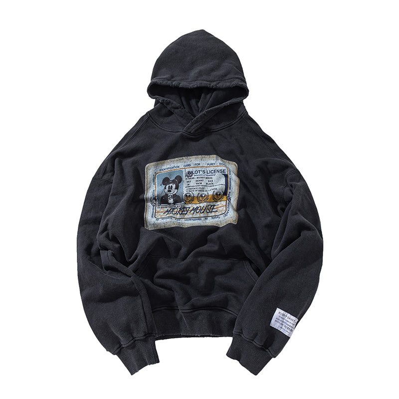 En stock : Style 3445, sweat-shirt/sweat-shirt Purey 24FW Mickey Mouse Flight License Cartoon Vintage Distressed noir délavé