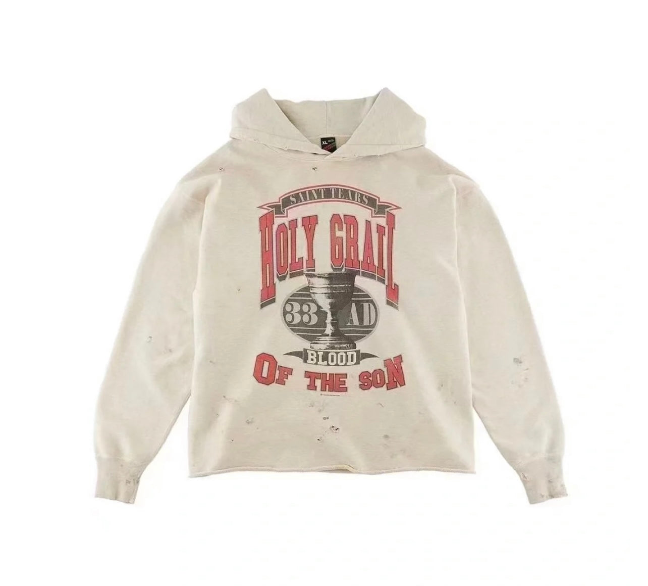 En stock : Sweat à capuche SAINT MICHAEL ST124, gris chiné, motif double bonheur, délavé et vieilli, imprimé réversible, unisexe.